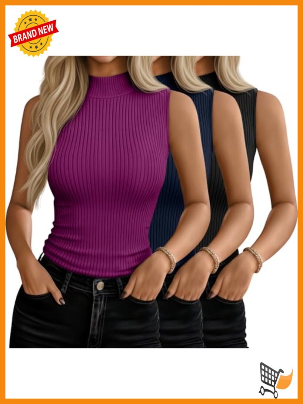 Women's Sleeveless Turtleneck Tops 3 Pack Rayon Spandex Fitted Shirts